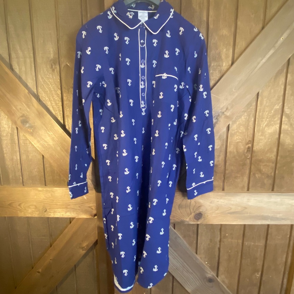 Lands End Nightshirt Womens Medium Blue NWT Flannel Anchor Christmas Sleep Dress
